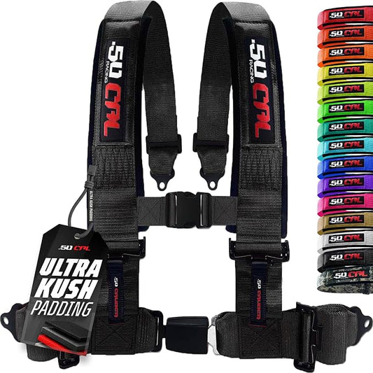 1pc 50 Cal Black 4 Point Harness 2in Straps, Racing Harness Seat Belt | Ultra Kush padding, Push Button quick release hardware. Universal Fit for UTV, RZR, race car.