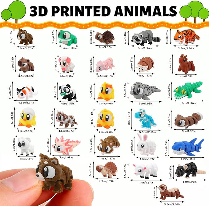 29 Pcs Mini 3D Printed Animal Statues Figurines Set Movable Joints Surprise 3D Printed Animals Cute Desk Decor Party Favors for Adults Home Office Desk Decoration Display