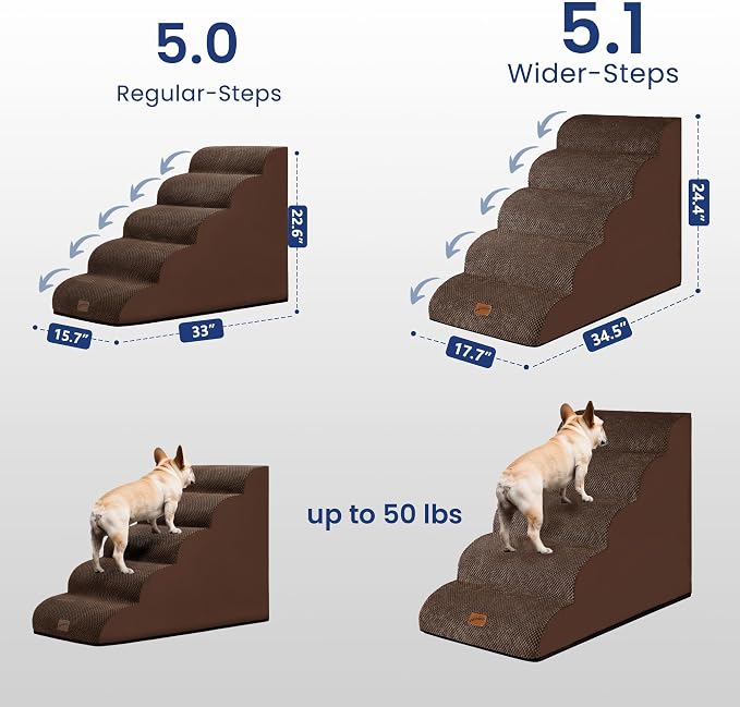 GoGoBunny Ramp Dog Stairs for High Beds 24.4" H, 5-Step Extra Wide Dog Slope Stairs with Durable Waterproof Fabric Cover, Pet Steps for Old Large Dogs Climbing, Non-Slip Sturdy Indoor Step, Brown