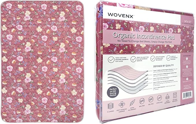 Organic Incontinence Pad for Period - Waterproof Protectors - Reusable Washable Pee Pad - Fits Twin to Full Size Beds - 100% Organic Viscose Derived from Bamboo - 34" x 52" Dark Flower