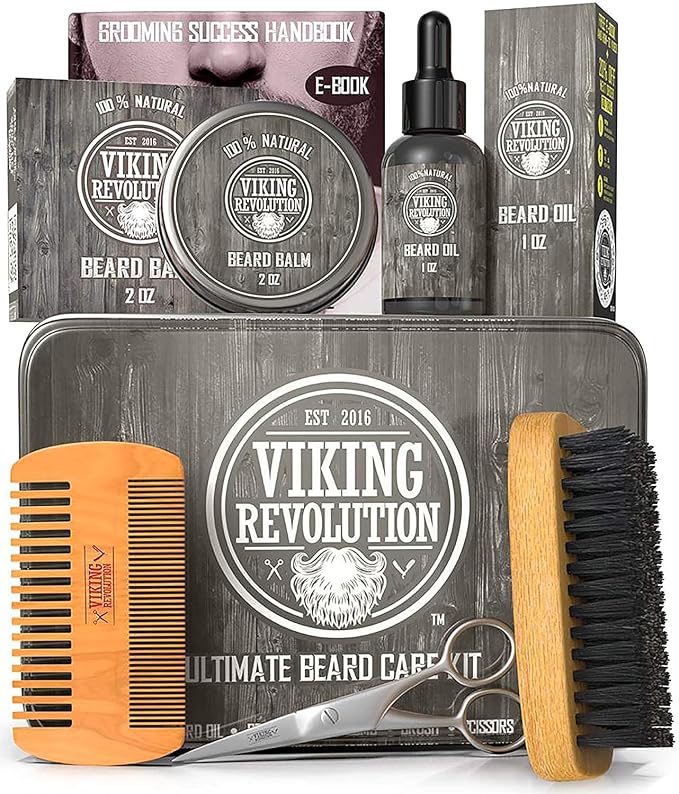 Viking Revolution Ultimate Beard Kit - Classic, 5 Pcs with Metal Box | Includes Beard Brush, Beard Comb, Beard Balm, Beard Oil, Beard & Moustache Scissors - Perfect Gift Set for All Beard Types