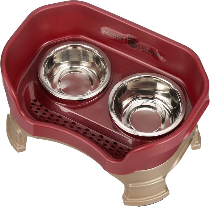 Neater Feeder Deluxe Mess-Proof Elevated Dog Bowls for Small Dogs (Up to 19 lbs), 2 Height Adjustable (6” & 7.5”) No-Spill Raised Dog Bowl Stand, Stainless Steel Food Bowl Set, Made in USA, Cranberry