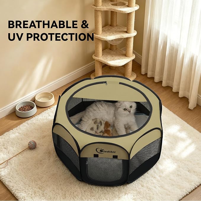 Siedihit Puppy Playpen for Small Dog Cat, Dogs Tent Crate Cage | Indoor/Outdoor, Portable Pop Up Dog Kennel with Carrying Bag for Rabbits(Black Khaki, Small)