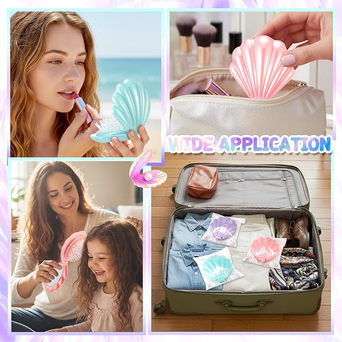 LemonRoad 24 Sets Mermaid Party Favors Shell Hair Brush with Mirror Card, Foldable Mini Travel Compact Hair Brush for Women Birthday, Bachelorette, Under The Sea, Beach Party Gifts(Pink Purple Teal)