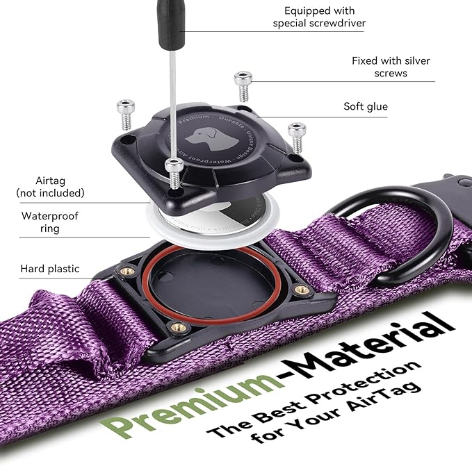 2026 Upgrade Waterproof AirTag Dog Collar, Military Tactical Dog Collar with AirTag Holder, Comfortable Control Handle and Metal Buckle, GPS Dog Collar Holder for Medium to Large Dogs (Purple, L)