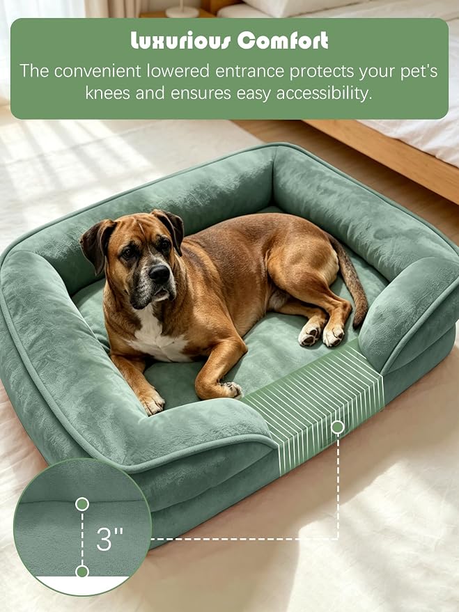 Spotted Play Orthopedic Dog Bed with Sides - Sofa Beds for Large Dogs, Supportive Foam Pet Couch Bed with Washable Removable Cover, Waterproof Lining and Non-Slip Bottom, Green - L-Plus