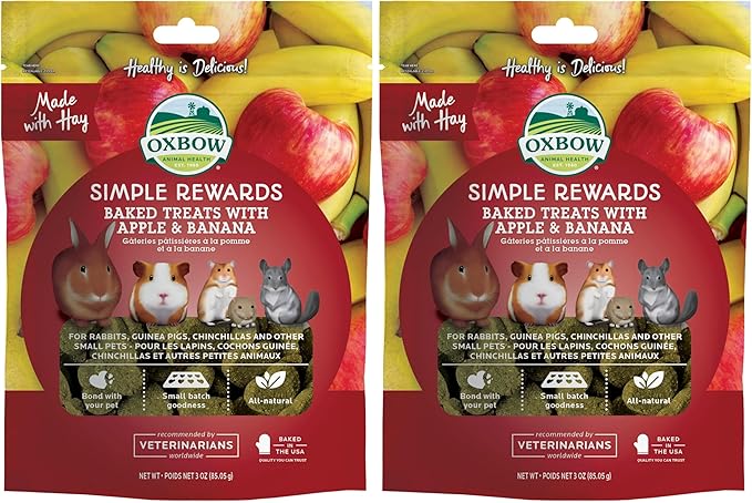 Oxbow Simple Rewards Apple Banana Treats, Timothy Hay Guinea Pig & Bunny Treats, Pet Snack, Made Guinea Pig Hay, Made in USA, Timothy for Rabbit, 3 oz Bag (Pack of 2)