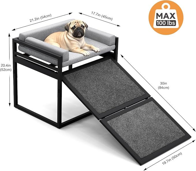 Non Slip Dog Ramp with Seat Extra Wide Seat Doggie Mate Stairs Grey | Metal Frame Puppy Chair for High Bed Couch Office,Dachshunds Ladder,Washable Cushion Pet Step for Small Old Pets,Cat Ladder