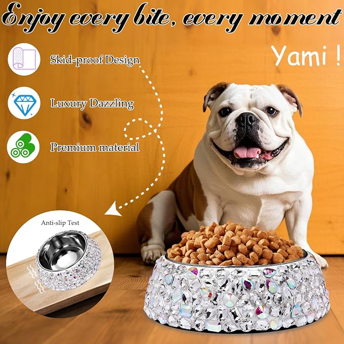 SlowVibes Diamond Stainless Steel Dog Cat Bowl, Detachable, 12 oz | Big rhinestone metal food or water bowl for small dogs and cats, rust-resistant non-slip puppy dish, sparkle pet essential