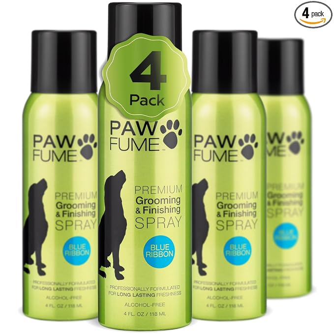 PAWFUME Dog Perfume Spray for Grooming, Blue Ribbon, 4-Pack | Probiotic, alcohol-free mist detangles, moisturizes and keeps pups fresh all day, salon-quality Dog Spray Deodorizer Perfume