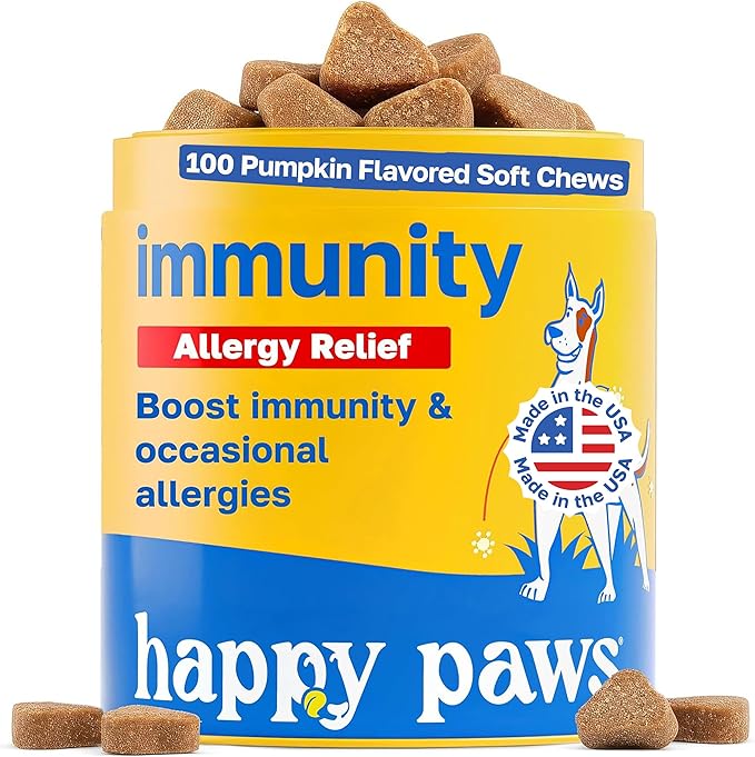 Happy Paws Turmeric Supplement for Dogs, Daily Immune & Joint Support for All Breeds & Ages, with Turmeric, Colostrum & Turkey Tail Mushrooms, Pumpkin Flavor, Non-GMO, 100 Soft Chews