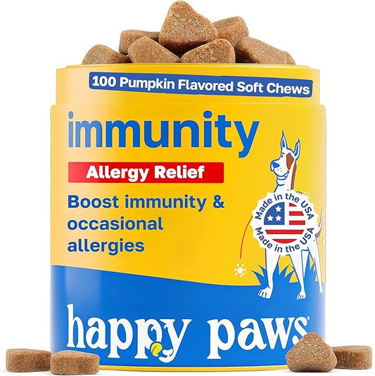 Happy Paws Turmeric Supplement for Dogs, Daily Immune & Joint Support for All Breeds & Ages, with Turmeric, Colostrum & Turkey Tail Mushrooms, Pumpkin Flavor, Non-GMO, 100 Soft Chews