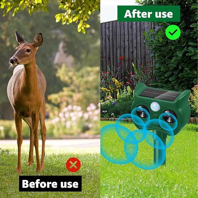 Solar Ultrasonic Animal Repellent Outdoor Motion Sensor Deer Repellent Devices Squirrel Cat Raccoon Deterrent with Strobe Light Dual Mode, Keep Skunk Away Protection for Yard Garden Lawn 1Pack