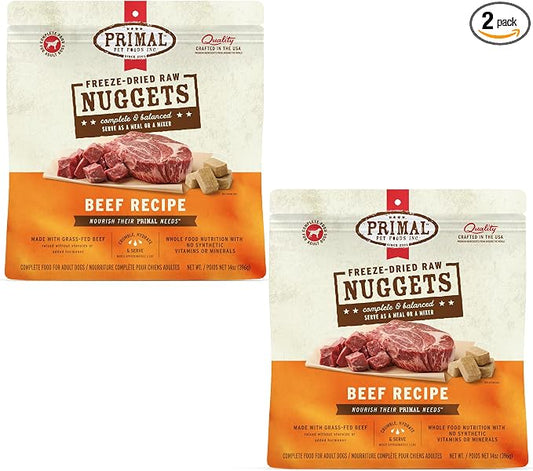 Primal Freeze Dried Raw Dog Food Nuggets, Beef, Complete & Balanced Meal, Also Use as Topper or Treat, Premium, Healthy, Grain Free, High Protein Raw Dog Food, 14 oz (Pack of 2)