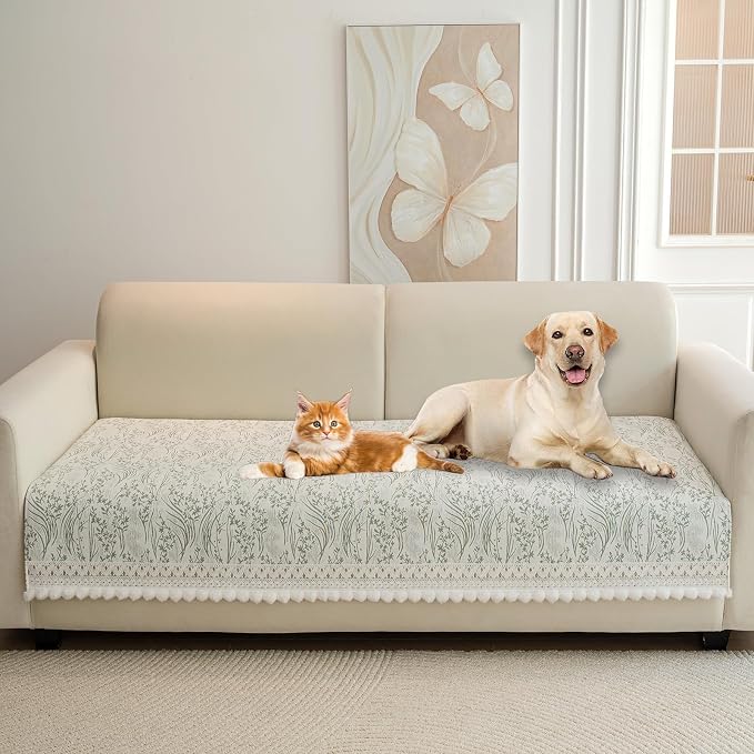 HANDONTIME Elegant Floral Pet Couch Cover, Jacquard Chenille Dog Bed Cover with Plush Fringe, Non-Slip Washable Sofa Protector for Dogs & Cats, Fits Sectionals 3 Cushion Couches (Green,35.4" x 82.7")
