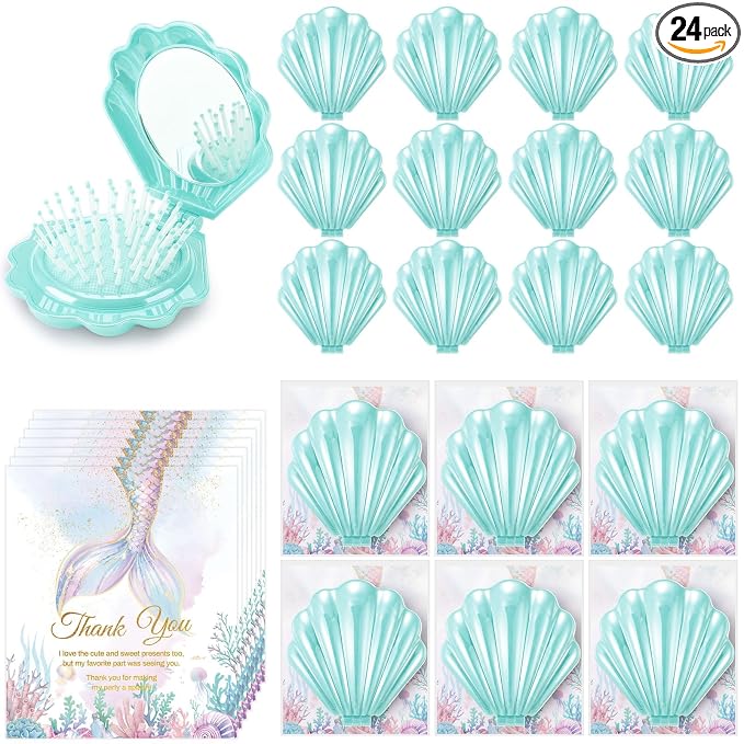 LemonRoad 24 Sets Mermaid Party Favors Shell Hair Brush with Mirror Card, Foldable Mini Travel Compact Hair Brush for Women Birthday, Bachelorette, Under The Sea, Beach Party Gifts(Teal)