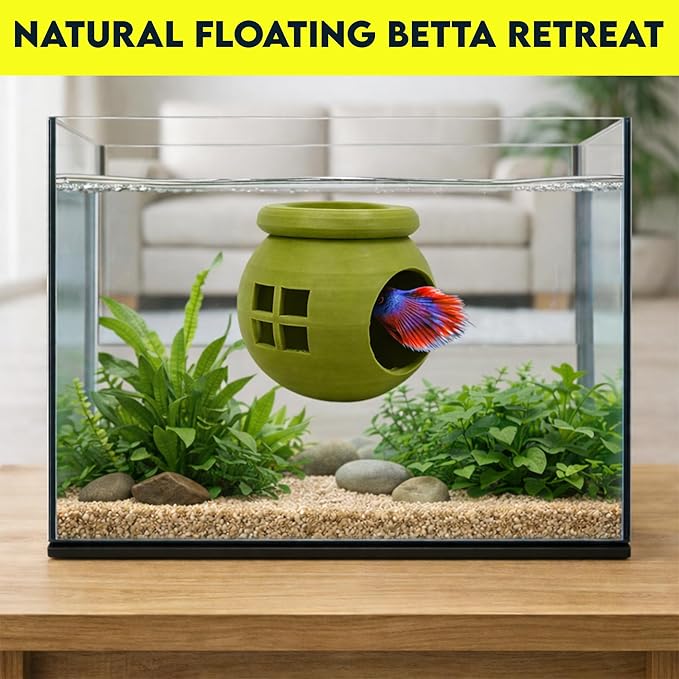 Floating Cozy Betta House, Natural Floating Betta Hide Out, Aquarium Fish Hammock, Relaxing & Stress Relief, Suction Cup Included, 2.9" W x 2.6" H (Olive Green)