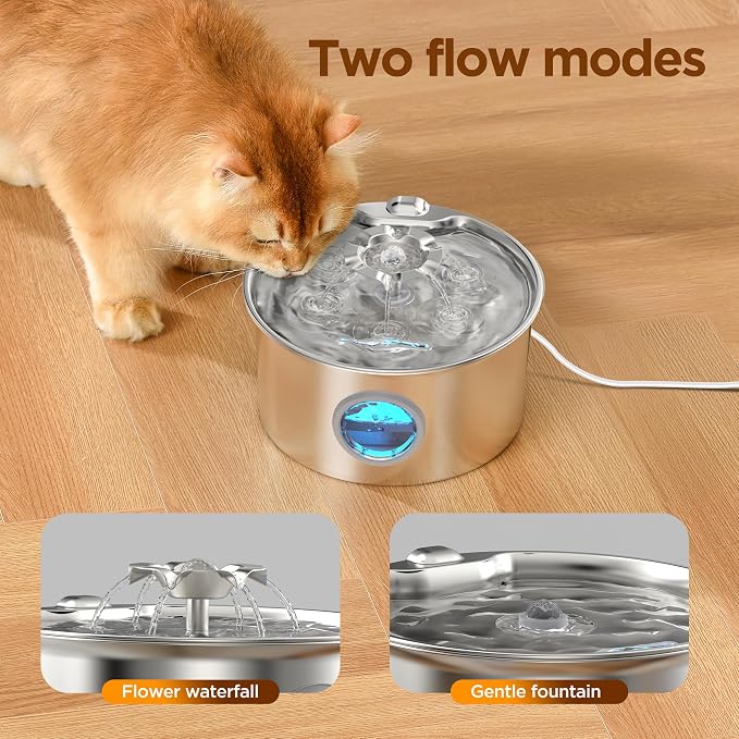 Stainless Steel Cat Water Fountain: 88oz/2.6L Pet Fountain for Drinking | Water Fountain for Cats Inside with Flower Quiet Cat Dispenser Kitty Drinking Fountain Indoor - Gifts for Pets, Small Animals