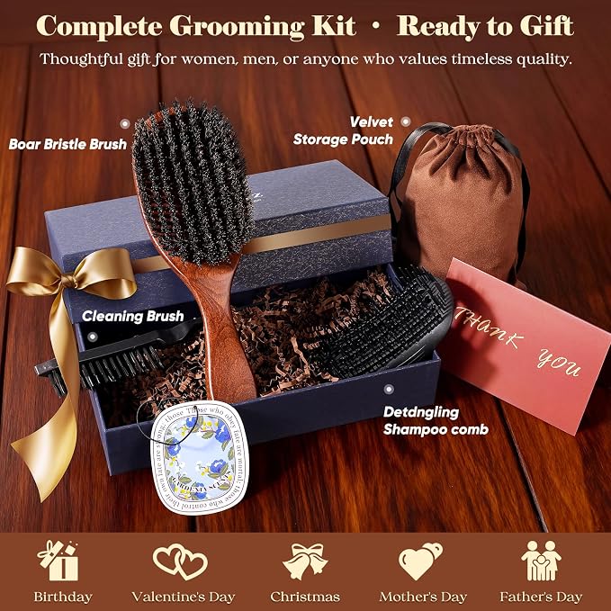 100% Boar Bristle Hair Brush Since 1965 British Craftsmanship | Handmade Natural Wooden Slick Back Hairbrush, Soft Bristles Gentle Smoothing Women Men Kids Thin Fine Hair, Anti Breakage