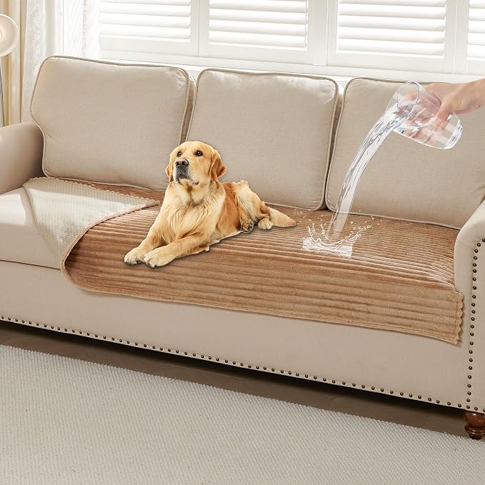 HAOMAIJIA Waterproof Couch Cover for Dogs Washable,Faux Fur Pet Couch Covers for Sofa,Soft Dog Bed Cover Non-Slip Couch Covers for 3 Cushion Couch Sofa Pet Friendly (Khaki, 35" x 82")