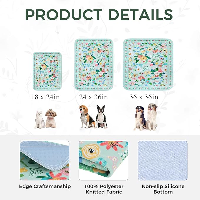 Homimp Washable Pee Pads for Dogs,2 Pack Spring Floral Reusable Puppy Pads Waterproof,Absorbent and Leakproof Dog Pee Pads,Non Slip Puppy Training Pads,Pet Mat for Floor,Whelping,Teal 36"x36"