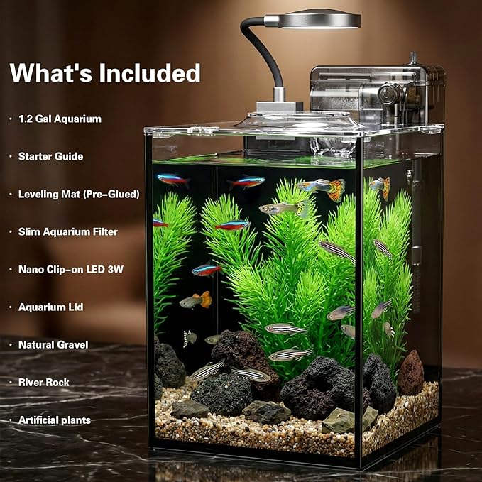 1.2 Gallon Small Aquarium Set Glass Fish Tank,Desktop Small Aquarium Kit for Beginners and Children to Keep Betta Fish, Goldfish, Shrimp, and Aquatic Plants (Black, 1.2 Gallon (Complete Kit))