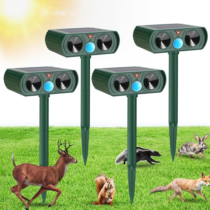 4 Pack Solar Ultrasonic Animal Repellent Outdoor Deer Repellent Devices Cat Repellent Motion Activated Raccoon, Dog, Deer Deterrent Waterproof for Yard, Farm, Garden