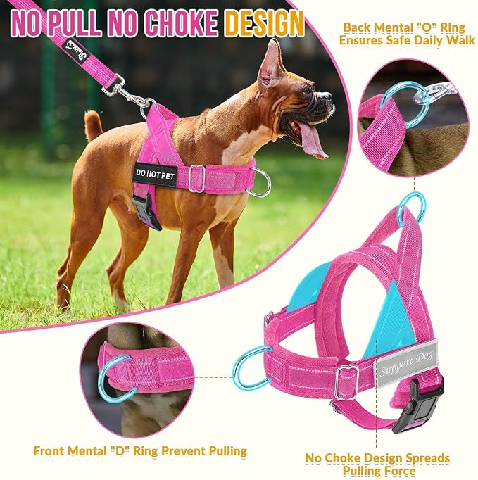 SlowTon No Pull Dog Harness with Front Clip - Heavy Duty, Soft Padded | Neck & Chest Adjustable, Tactical Pet Vest and Leash Set for Large Medium Sized Dogs, for Easy Walk & Training, Fuchsia S