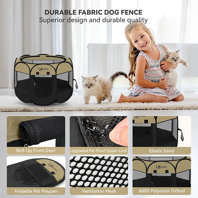 Siedihit Puppy Playpen for Small Dog Cat, Dogs Tent Crate Cage | Indoor/Outdoor, Portable Pop Up Dog Kennel with Carrying Bag for Rabbits(Black Khaki, Small)