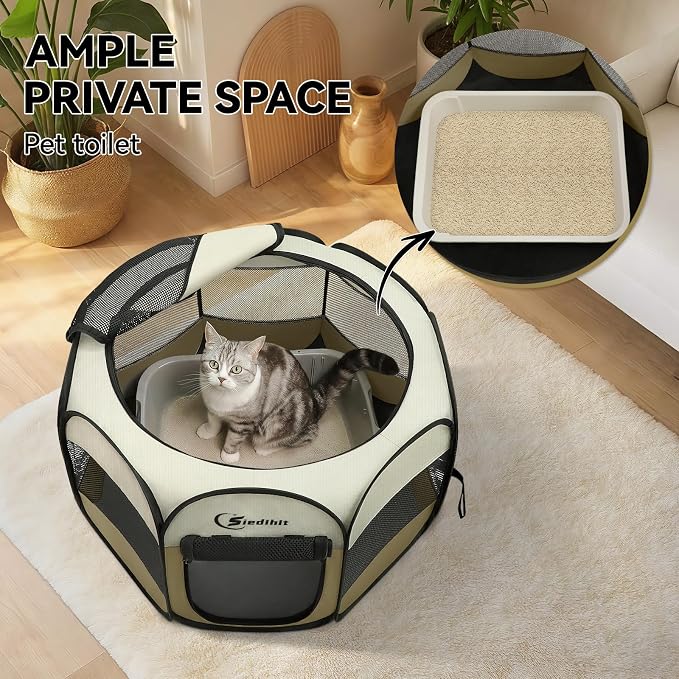Siedihit Dog Cat Playpen, Small Puppy Pet Playpen, Dog Crate Tent Cage | Indoor/Outdoor, Portable Pop Up Dogs Kennel Playpen with Carrying Case for Dogs/Cats/Rabbits(Khaki, Small )