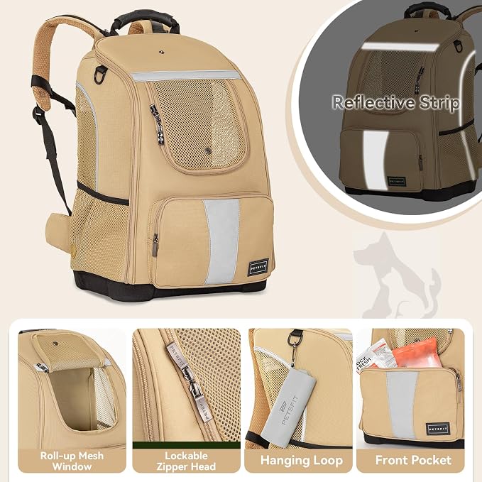 Petsfit Pet Dog Carrier Backpack with Upgraded Weight Reduction Design, Cat Dog Backpack with Large Ventilations, Easy-Fit for Traveling Hiking Camping for Small Medium Dogs and Cat, Khaki