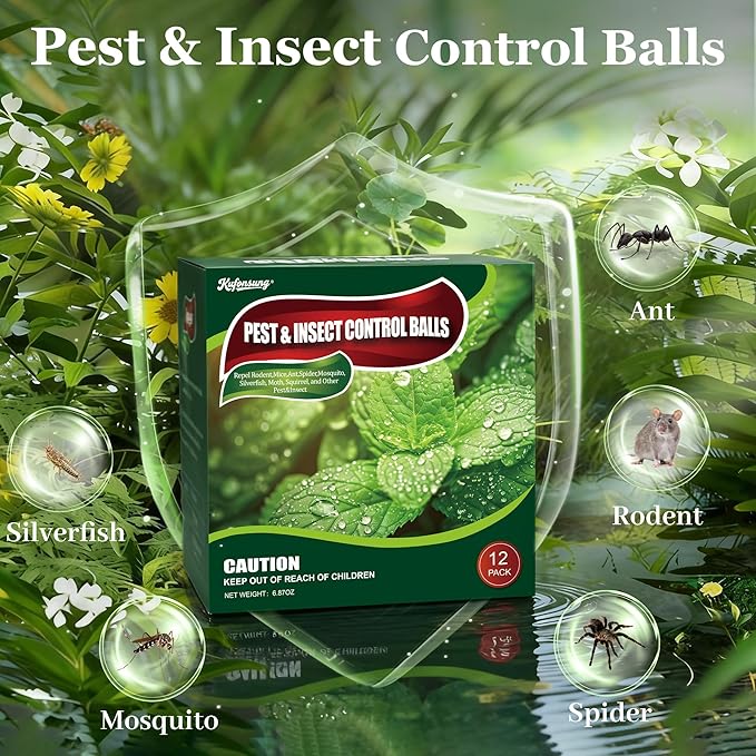 12 Pack Pest & Insect Control Balls-Mouse Repellent Indoor & Outdoor-Peppermint Balls Repellent for Sliverfish,Rodents, Ants, Roach,Spiders, Moths& Other Pests-Safe for Kids & Pets