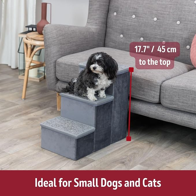 TRIXIE 3-Step Velour Pet Stairs, Gray | Collapsible, Storage Compartments for Pet Toys, Ideal for Small Dogs and Cats