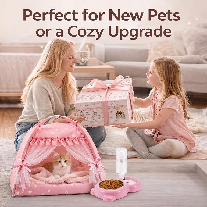 BreezeHug Cat Tent Bed with Bowl Water Dispenser Washable Cushion Blanket, Pink Princess Indoor Pet House Small Dog Bed Puppy Nest for Kitten Teacup Chihuahua Yorkie Maltese, 13.78 x 13.78 x 13.78 in
