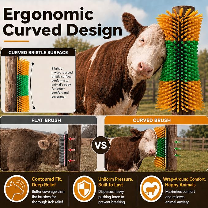 Bionic Curve Livestock Scratching Brush for Cattle, Cows, Goats, Horses and Pigs - Body-Contoured Farm Animal Scratcher Post, Heavy Duty Livestock Grooming Brush with 8 Screws, 2 Pack