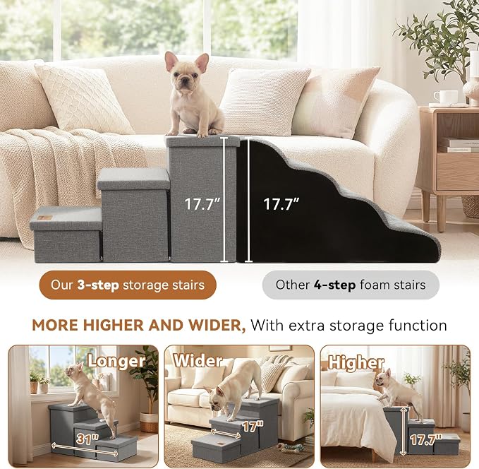 Zerbuger Dog Stairs with Storage, Grey 3 Steps Dog Ramp no Condo for Bed | 18" H Wider Dog Steps for High Beds Couch, Folding Storage Pet Stairs Gift for Climbing Small/Medium/Large Old Dogs Cats