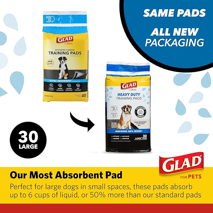 Glad for Pets XL Charcoal Training Pads, Heavy Duty Leak-Resistant Puppy Pee Pads with Activated Carbon Odor Control, Quick-Dry Quilted Top, Indoor Potty & Crate Liner, 24 x 24 in, 30 Count - 8 Pack
