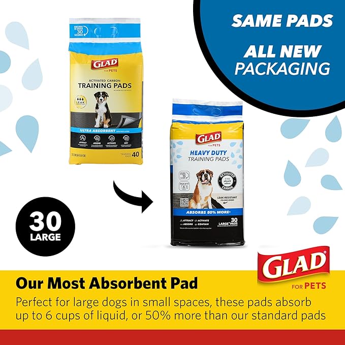 Glad for Pets XL Heavy Duty Activated Carbon Puppy Essentials Training Pads - Zero Odor, Ultra Absorbent Pads for Puppy Potty Training, Indoor Dog Potty, Pee Pads for Dogs, 24" x 24", 30 Count