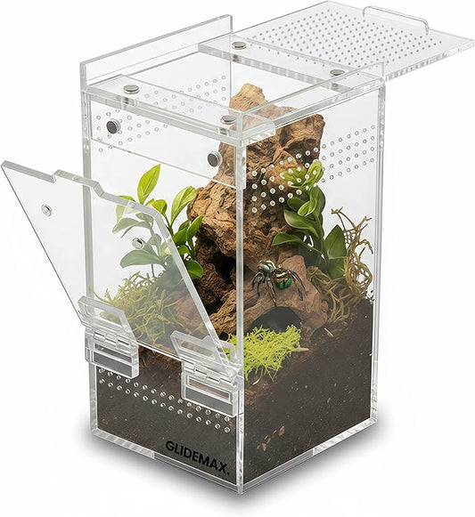 Jumping Spider Enclosure - 3x3x6 Acrylic Tarantula Enclosure Reptile Habitat with Front & Top Magnetic Doors, 0.04" Ventilation Holes Pre-Assembled Terrarium for Spiders, Mantis, Snails, Lizards
