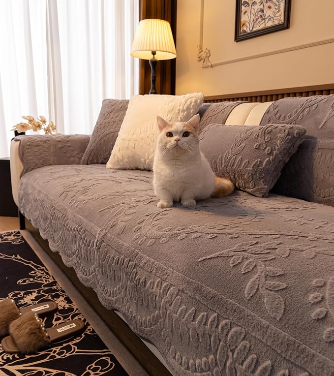 Grey Fuzzy Rabbit Plush Sofa Cover Cozy Warm Sofa Couch Covers with 3D Jacquard Leaf Pattern Non-Slip Easy-to-Install Shaggy Sofa Slipcover Prefect for Kids Dogs Cats Cats(Grey,36"x94")