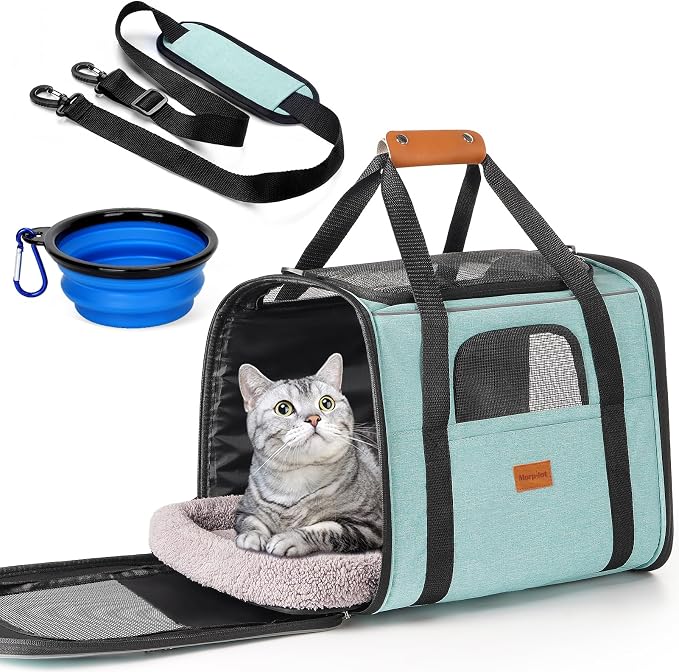 Morpilot Pet Carrier for Large Cats, Puppies & Small Dogs Up to 20lbs | Escape-Proof with Locking Zippers, Dual-Sided Cushion, Safety Buckle for Car & Vet Travel, Includes Foldable Bowl (Green)