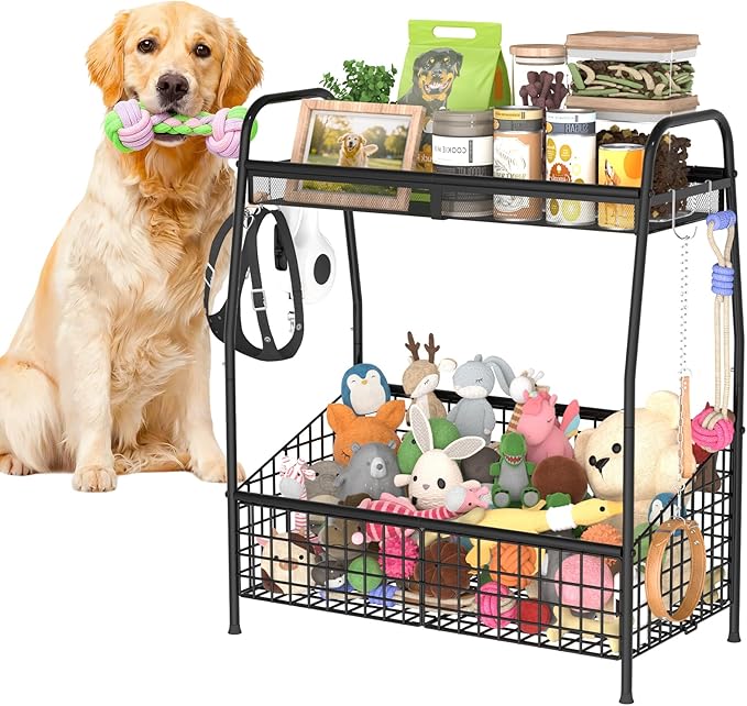 Kaiferty Indestructible Large Dog Toy basket, Toy Box for Dogs,Pet Toys Bin Dog Metal Wire Basket for Toys, Food Storage, Storage Organizer Chest Storage, Toy Box for Living Room Area (Black)