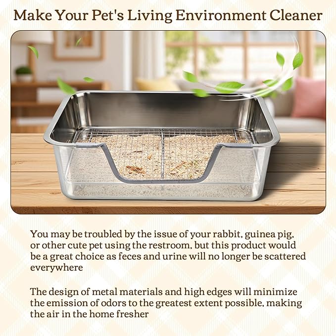 Rypet Large Rabbit Litter Box, Bunny Litter Box High Side with 304 Stainless Steel Sifting Tray, Metal Small Animal Litter Pan with Pet Food Bowl and Water Bottle, Non-Slip Easy to Clean Odor Control