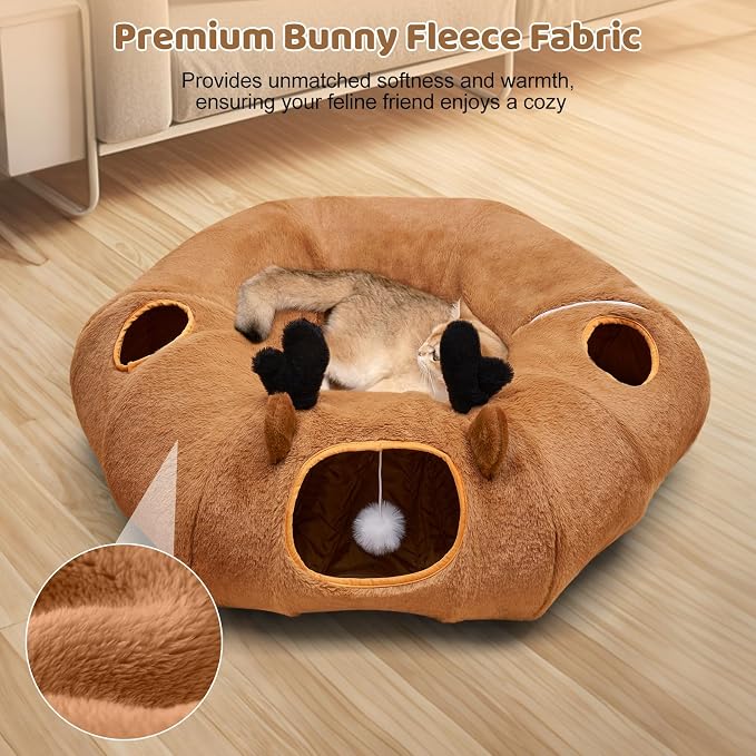 Cat Tunnel Bed with 20 Pcs Interactive Toys, 3-in-1 DIY Collapsible Plush Cat Tube with Washable Mat, Large Indoor Play Tunnel Cave for Kittens and Small Animals