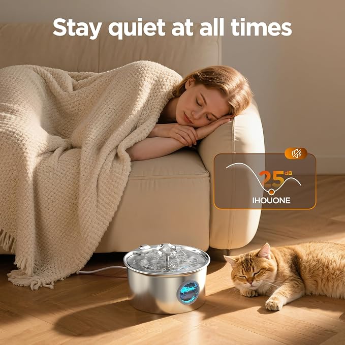 Cat Water Fountain Stainless Steel: Pet Fountain with 6 Filters & 3 Sponges | 88oz/2.6L Water Fountains for Cats Inside with Flower - Kitty Drinking Dispenser - Gifts for Cats Dogs and Small Animals