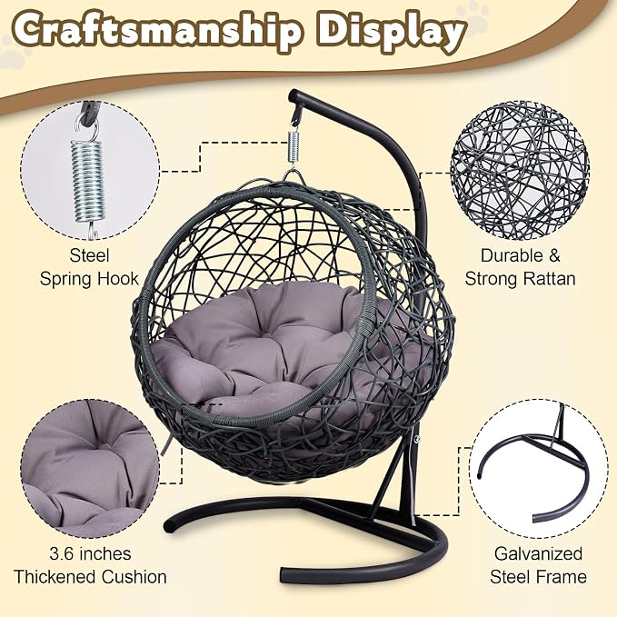 Anwick Cat Swing Bed with Stand & Cushion Indoor Outdoor, Egg Chair(Gray) | with Rattan Wicker Appearance, Indoor Hanging Swinging Hammocks for Cat, Dogs, and Small Animals Bedroom Porch