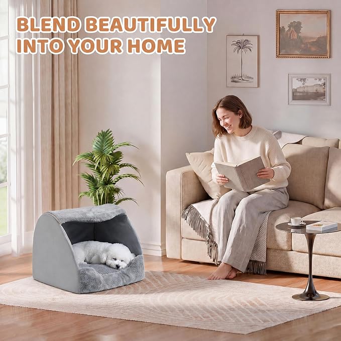 LATIBELL Indoor Puppy House Foldable Pet Tent Cave Bed ，Gray | Foldable Indoor Dog House With Removable Washable Soft Cushion, Covered Cave For Small Puppy