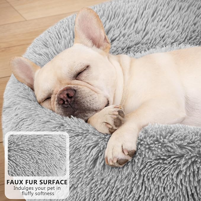 MIXJOY Calming Cat Beds for Indoor Cats, 20'' Kitten Donut Bed for Pet Up to 15lbs, Fluffy Small Cat Cuddler Bed, Anti-Anxiety Plush Faux Fur Large Cat Bed Washable (20'', Grey)