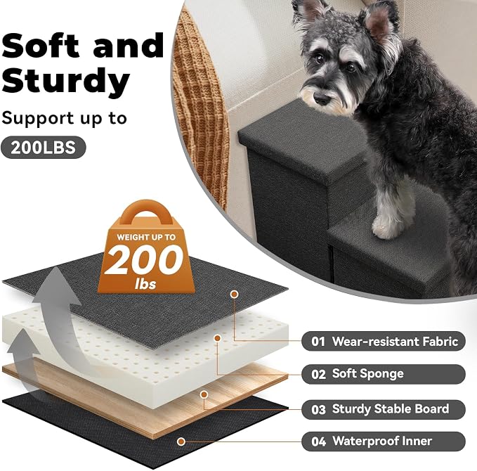Zerbuger Dog Stairs with Storage, Dark Grey 3 Steps Dog Ramp no Condo | 18" H Wider Dog Steps for High Beds Couch, Folding Storage Pet Stairs Gift for Climbing Small/Medium/Large Old Dogs Cats
