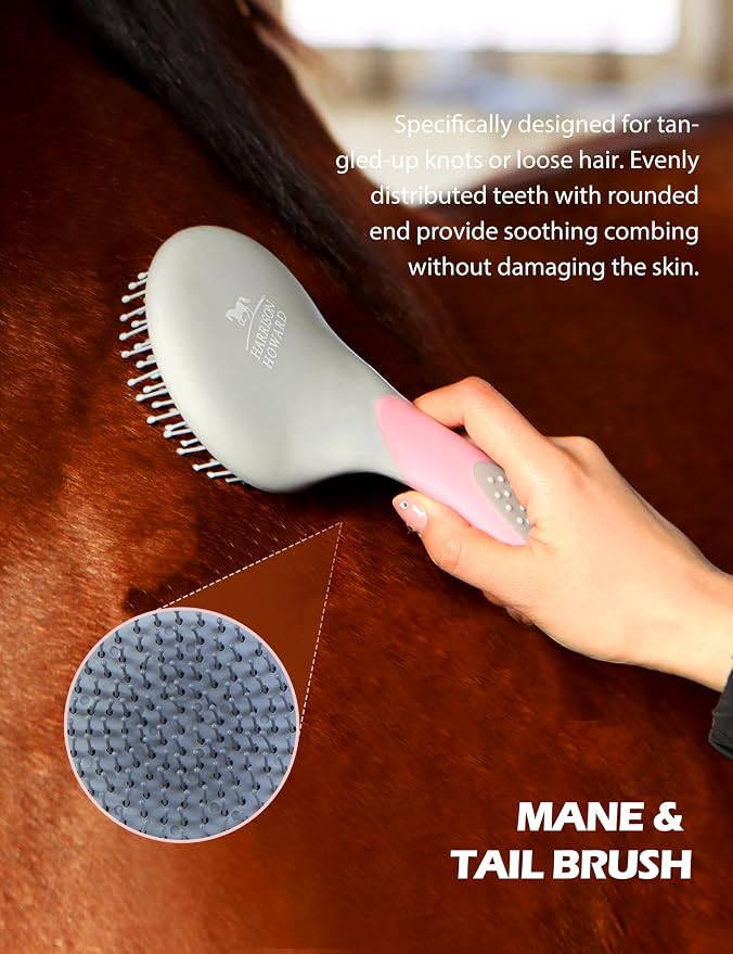 Harrison Howard Horse Grooming Kit 9 Piece with Tote, Non-Slip Silicone Grip Brush Set for Horses, Shedding Bathing Daily Care, Beginner Friendly Pink